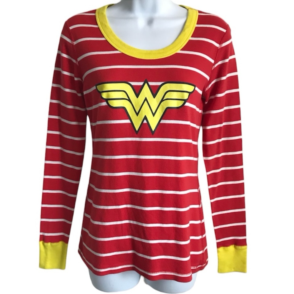 🔴 4/$15 Hanna Andersson Women’s S Wonder Woman Red Yellow Stripe Cotton Top EUC